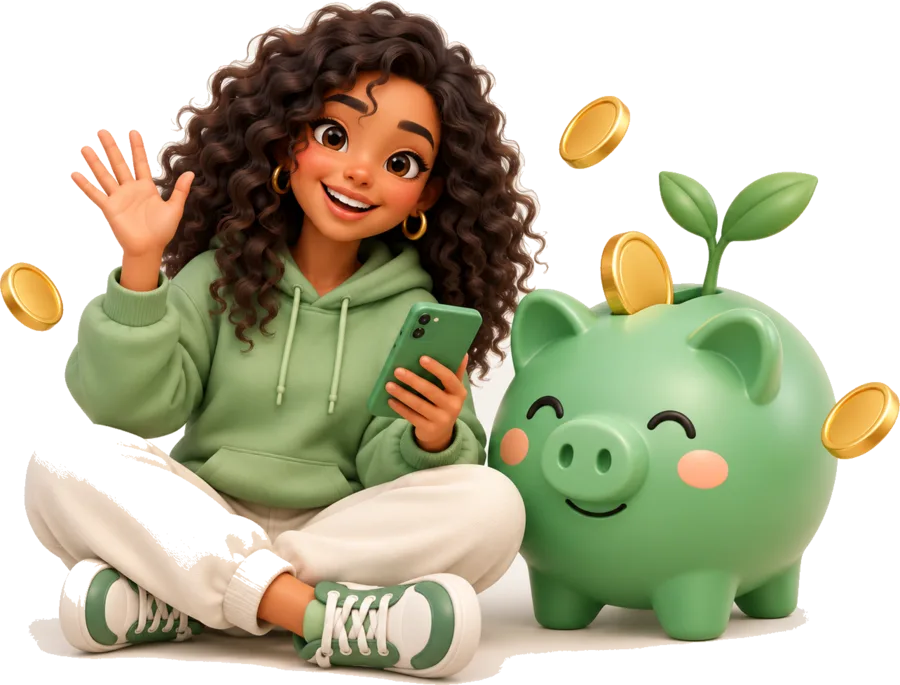 Personagem acenando ao lado de um porquinho verde